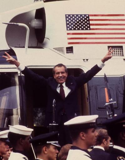 President Richard Nixon resigns amid the Watergate scandal in 1974